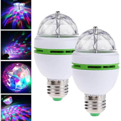 LED Disco Ball Light Bulb, 3W E27 RGB Party Bulbs Multi Color Changing Strobe Light Bulb Auto Crystal Rotating Stage Lights for Birthday, Club, Christmas, Bar, Parties, 2 Pack