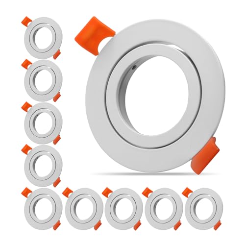 Pack of 10 LED Ceiling Light Frame Round Fixture Holders Adjustable Cutout 65mm with MR16 sockets for 1.97in/50mm GU5.3/MR16/GU10 Bulbs (White) - color: white-10pack