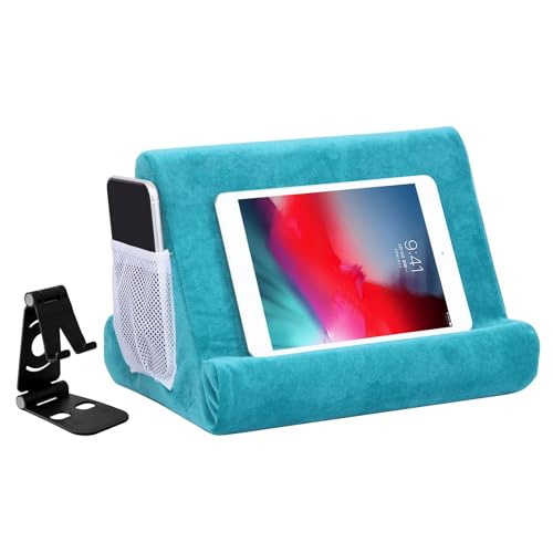 2pcs Multi-Angle Tablet Holder Cushion Stand with Net Pocket & Black Color Phone Stands Upgraded Tablet Pad Support for Phone,Pad,Books (Lakeblue) - color: Lake Green