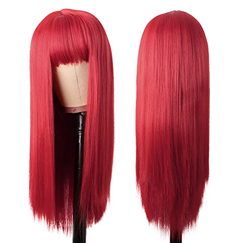 MapofBeauty 24 Inch Long Straight Flat Bangs Party Cosplay Wig, Red | 60 cm Synthetic Hair Wig, Heat Resistant, Women - color: Red