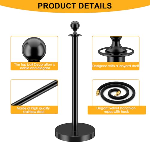 LOVMOR 6PCS Stanchion Post, Crowd Control Barriers, 5 ft Black Velvet Rope Red Carpet Ropes and Poles, Stainless Steel Gold Stanchions Used for Theaters, Parties, Wedding, Exhibition - color: Black-6pack
