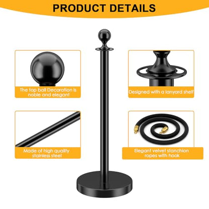 LOVMOR 6PCS Stanchion Post, Crowd Control Barriers, 5 ft Black Velvet Rope Red Carpet Ropes and Poles, Stainless Steel Gold Stanchions Used for Theaters, Parties, Wedding, Exhibition - color: Black-6pack