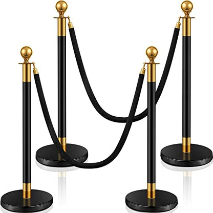 Ferraycle 4 Pcs Stanchions with Velvet Rope, Crowd Control,Black and Gold | 5 ft Velvet Rope, Stainless Steel Poles, Movie Theater Party Decor, Red Carpet Event, Casino, Fillable Weighted Base