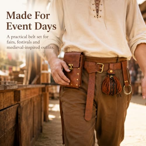 Renaissance Belt Pouch Set, Medieval Viking Pirate Leather Bag, Steampunk Waist Bag Skirt Hike Set, Halloween Cosplay Costume Accessories for Men Women (Brown) - color: Brown