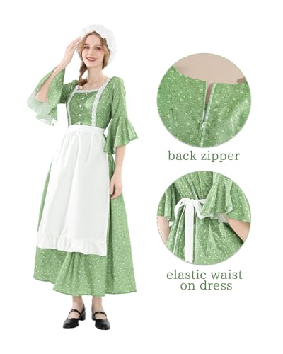 NSPSTT Prairie Dress Women Pioneer Dress Colonial Costume - color: Green Printing, size: Small