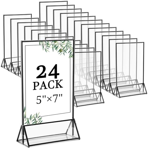 Floroom 24 Pack 5x7 Inch Clear Acrylic Sign Holders, Double-Sided Black Display Stand Picture Frames for Table Numbers, Menus, Flyers, Weddings, and Offices - color: Black, size: 5" x 7"- 24 Pack