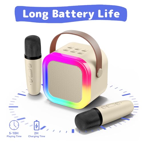 Karaoke Machine for Kids Adults, Mini Karaoke Machine with 2 Wireless Microphones, Portable Bluetooth Speaker with Voice Changing Effects & LED Lights, Best Gifts Toys for Girls and Boys - color: Beige