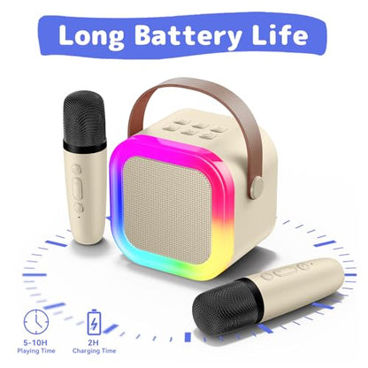 Karaoke Machine for Kids Adults, Mini Karaoke Machine with 2 Wireless Microphones, Portable Bluetooth Speaker with Voice Changing Effects & LED Lights, Best Gifts Toys for Girls and Boys - color: Beige