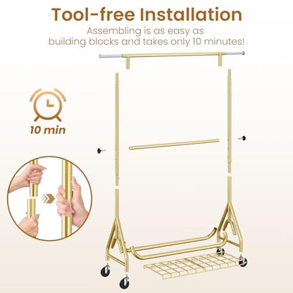 Double Rods Clothing Rack, Heavy Duty Clothes Rack for Hanging Clothes Load 560LBS, Metal Rolling Garment Racks with Wheels, Freestanding Clothes Hanging Racks, Gold - color: Gold, size: Double Rods