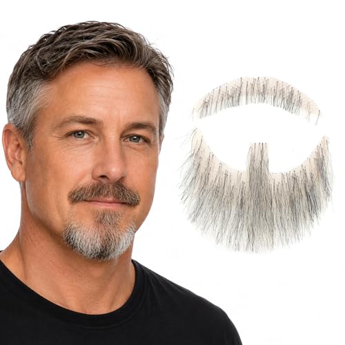Hand-Tied Human Hair Fake Beard and Mustache for Costumes and Theater | Hand-knotted human hair on lightweight lace creates natural-looking facial hair for costumes, cosplay, theater and film - color: Style 1--03