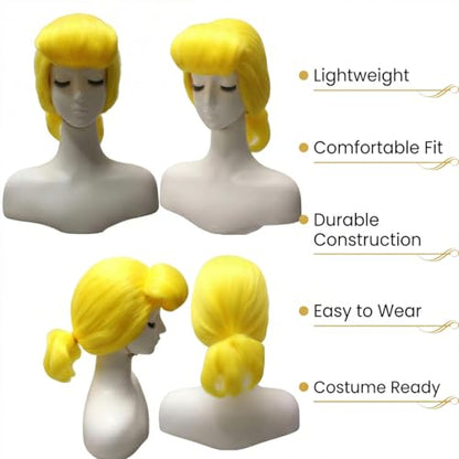 Yellow Costume Wig with Matching Bow Headband for Halloween Cosplay | Accessories Kit, for Women Costume and Themed Parties, Sythetic Fiber, Wig Cap Included