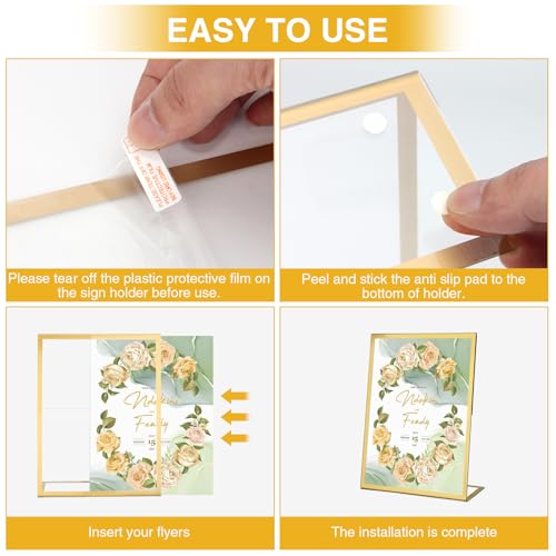 EHWINE 12 Pack Acrylic Sign Holder 8.5 x 11, Gold Picture Frame Stand up Table Top Sign Holders, Slanted Back Paper Holder Clear Display Stand Menu Flyer Holder for Wedding Party