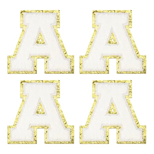 MECCANIXITY Chenille Letter Patches 3.1" Alphabet A Iron on Embroidered Patch Sew on Letter Stickers Applique for Repairing Clothing Jeans Shoes Hats DIY(White, Pack of 4) - style: Letter-A