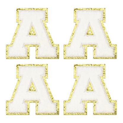 MECCANIXITY Chenille Letter Patches 3.1" Alphabet A Iron on Embroidered Patch Sew on Letter Stickers Applique for Repairing Clothing Jeans Shoes Hats DIY(White, Pack of 4) - style: Letter-A