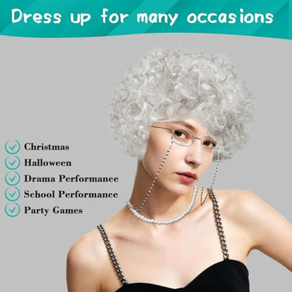 MAQIHAN Granny Wig Costume Set - White Old Lady Wig with Glasses Cap - color: Pure White
