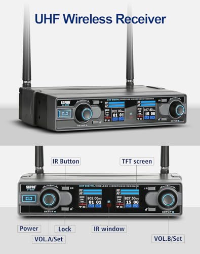 SGPRO D-332HB Dual UHF Wireless Microphone System, Handheld and Bodypack | Handheld, head-worn and lavalier mics, Karaoke, DJ, church, classroom, live performance and PA systems