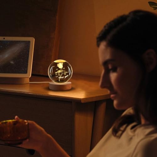 Flexzion 3D Rose Crystal Ball Night Light - LED Light Hologram Glass Lamp with Solid Wood Base, USB Powered Crystal Ball Lamp with Adjustable Brightness for Home Decor Display Gift, 2.4inch(60mm) | Rose Lamp with Solid Beech Wood Base and Adjustable Brigh