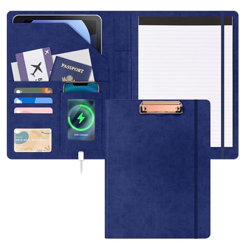 Ospelelf Blue Faux Leather Padfolio with Clipboard, Interview Clipfolio Portfolio with Notepad 8.5 x 11, Business Resume Clipboard Folder Organizer with Pockets for Men - color: Blue