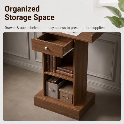 Teacher Podium Stand Lectern Wooden Drawer Lectern Podium 42in Height Wooden Storage Drawer Brown for Classroom Office Reception School Seminar Floor Standing(Brown)