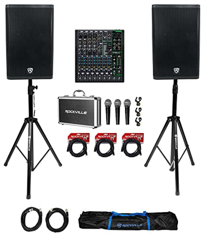 Rockville DX15 15" Powered DJ PA Speaker Pair with Mackie ProFX10v3 Mixer | 2000W Peak / 500W RMS Each, Class D, XLR Outputs, RMC-3PK 3 Microphones, 2 Tripod Stands, 5 XLR Cables, 9-items