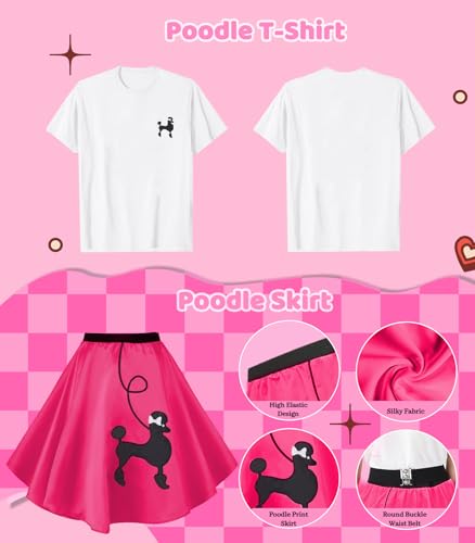 1950s Poodle Skirt Outfit Women 50s Sock Hop Costume T Shirt Accessories - color: Hot Pink, size: Large