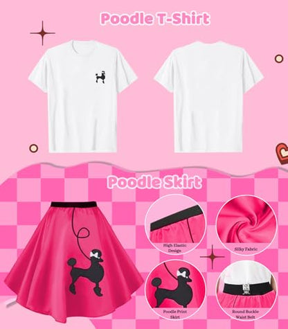 1950s Poodle Skirt Outfit Women 50s Sock Hop Costume T Shirt Accessories - color: Hot Pink, size: X-Large