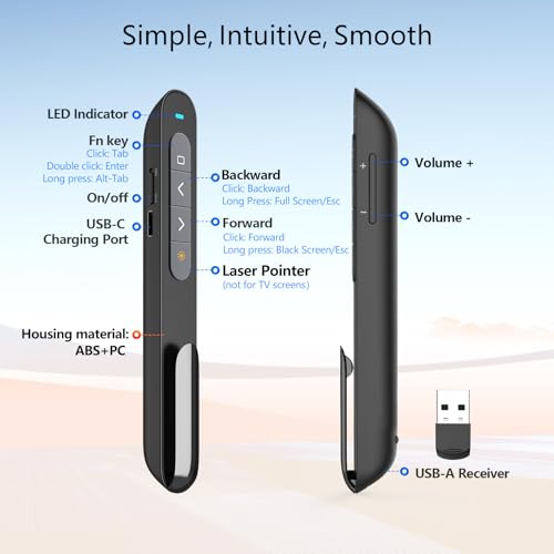 Norwii N76 Bluetooth Presentation Clicker for PowerPoint Presentations | Green laser pointer, USB-C Rechargeable slide clicker, Presentation Remote with Customizable Button and portable pen clip - color: Green - Rechg. - USB-A&BLE