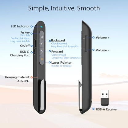 Norwii N76 Bluetooth Presentation Clicker for PowerPoint Presentations | Green laser pointer, USB-C Rechargeable slide clicker, Presentation Remote with Customizable Button and portable pen clip - color: Green - Rechg. - USB-A&BLE