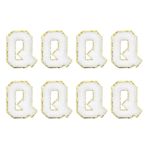 MECCANIXITY Chenille Letter Patches 2.2" Self Adhesive Alphabet Q Stick on Embroidered Patch Sew on Letter Stickers Applique for Repairing Clothing Jeans Shoes Hats DIY(White, Pack of 8) - style: Letter Q