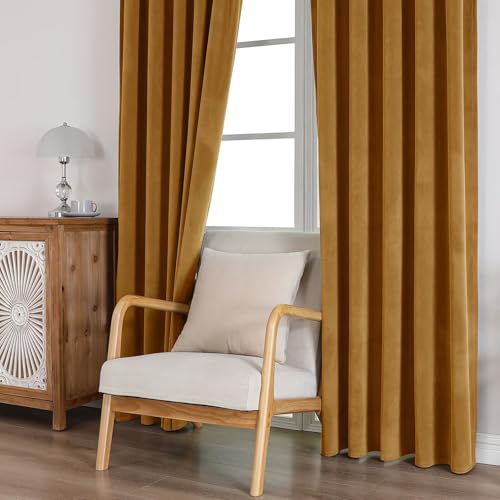 CUCRAF Gold Brown Velvet Curtains 84 inches Long, Soft Room Darkening Rod Pocket Blackout Curtain, Thermal Insulated Noise Reduction Window Drapes for Living Room Bedroom (52 x 84 Inch, 2 Panels) - color: Gold, size: 52"W x 84"L (Pack of 2)