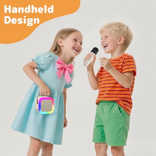 Karaoke Machine for Kids Adults, Mini Karaoke Machine with 2 Wireless Microphones, Portable Bluetooth Speaker with Voice Changing Effects & LED Lights, Best Gifts Toys for Girls and Boys - color: Beige