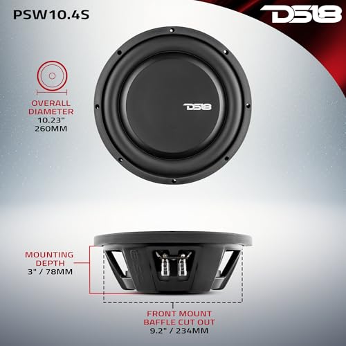 DS18 PSW10.4S 10" Shallow Mount Subwoofer 1000 Watts Max Power 500 Watts RMS Single Voice Coil 4 OHMS Water Resistant - Best Sub for Tight Spaces in Car & Trucks - 1 Speaker - style: 10" Single Voice Coil 4 Ohm