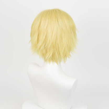 LABEAUTÉ Short Golden Anime Cosplay Wig Male Men Anime Layered Unisex Heat Resistant Hair Wig with Bangs for Party and Halloween for Gift + Free Cap - color: Golden