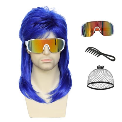 Unisex Mullet Wig, Synthetic Heat Resistant 70s 80s Retro Joe Dirt Costume Wig for Men and Women, Halloween Fancy Dress Cosplay Wig (Blue) - color: Blue