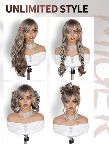 WIGER Long Brown Mixed Blonde Curly Wig With Bangs, Ombre Brown Highlight Blonde Synthetic Wigs, Layered Romantic Wavy Hair for Women Daily Party Use - color: Brown Mixed Blonde