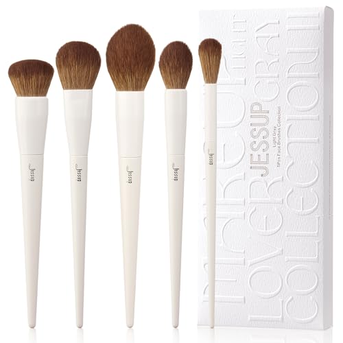 Jessup Makeup Brush Set 5Pcs Face Makeup Brushes Vegan Soft Foundation Brush Blush Brush Bronzer Contour Brush Highlighter Brush Fluffy Setting Powder Brush, Light Grey T493 - color: Light Grey-5pcs, size: Full Brush Set