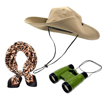 3 Pcs Women Safari Costume Sun Bucket Hat Leopard Scarf Binoculars, Outdoor Adventure Accessories for Themed Party Cosplay