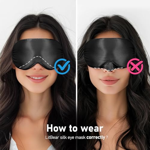 LitBear 100% 22 Momme Mulberry Silk Sleep Mask - 3D Contoured Eye Mask for Men & Women, Soft Breathable Sleeping Mask with Adjustable Strap, Perfect Blocks Light for Sleeping (Black) | Pure Silk, Eyelash-Friendly, Soft, Breathable, Perfect Blocks Light, T