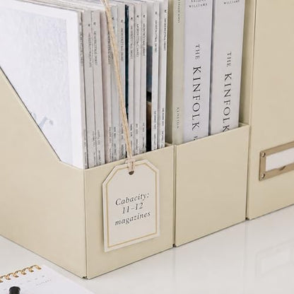 BLU MONACO | Cardboard Magazine File Holder Set of 6 | Vertical Magazine File Holder with Label Slots | Beige Linen Foldable File Organizers for Desk Shelf Office - color: Grey Linen