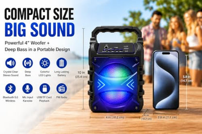 Top Tech Jet-4 Bluetooth Speaker, 400W, 4" Woofer, Rich Bass, 6hr Playtime, Disco Lights, Karaoke Mode, TWS, 100ft Range, USB, TF, Mic Input, Portable Speaker (Black) - color: Black