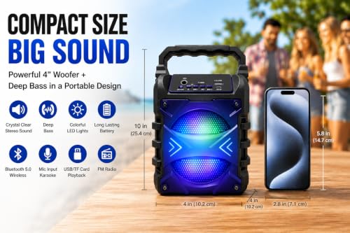 Top Tech Jet-4 Bluetooth Speaker, 400W, 4" Woofer, Rich Bass, 6hr Playtime, Disco Lights, Karaoke Mode, TWS, 100ft Range, USB, TF, Mic Input, Portable Speaker (Grey) - color: Grey