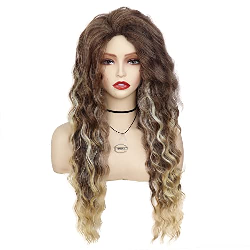 26 inch Long Curly Wigs for Women Brown Mixed Blonde Wig with Highlights - color: Brown Mix Blonde