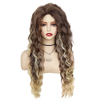 26 inch Long Curly Wigs for Women Brown Mixed Blonde Wig with Highlights - color: Brown Mix Blonde