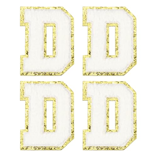 MECCANIXITY Chenille Letter Patches 3.1" Alphabet D Iron on Embroidered Patch Sew on Letter Stickers Applique for Repairing Clothing Jeans Shoes Hats DIY(White, Pack of 4) - style: Letter-D