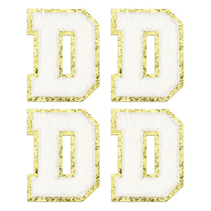 MECCANIXITY Chenille Letter Patches 3.1" Alphabet D Iron on Embroidered Patch Sew on Letter Stickers Applique for Repairing Clothing Jeans Shoes Hats DIY(White, Pack of 4) - style: Letter-D