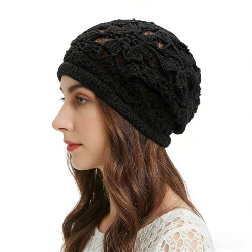 ZLYC Women Cotton Crochet Slouchy Beanie Hat Handmade Knit Summer Skull Cap | Lightweight breathable,boho casual chic look,travel photos festival party,café commute daily wear,beach concert gathering - color: Crochet Black