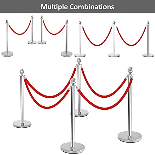 Goplus 6Pcs Stainless Steel Stanchion Set, Stanchions and 5FT Red Velvet Ropes, Round Top Polished Silver Stanchion Posts Queue Line Pole, Crowd Control Safety Barriers for Theaters, Museum, Party