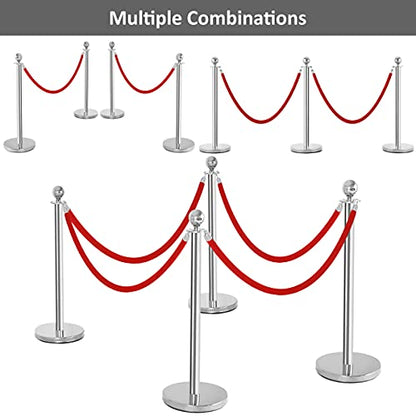 Goplus 6Pcs Stainless Steel Stanchion Set, Stanchions and 5FT Red Velvet Ropes, Round Top Polished Silver Stanchion Posts Queue Line Pole, Crowd Control Safety Barriers for Theaters, Museum, Party
