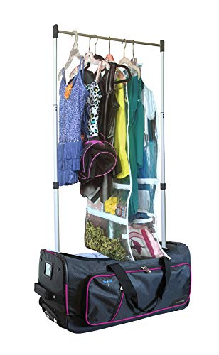 Travolution Dance Bag with Garment Rack, 24 Inch Rolling Duffel With Wheels, Ideal for Competitions & Travel, Easy-assembly Lightweight Aluminum Clothes Rack, Wheeled Upright Luggage, Black/Pink - color: Pink 24"