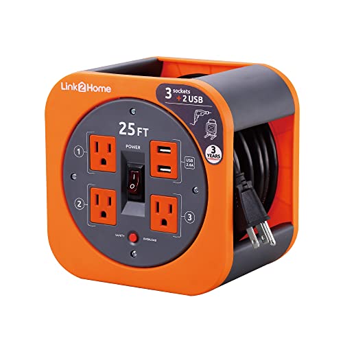 Link2Home 25 Ft. Extension Cord Reel, 4 Outlets, 2 USB Ports - color: Orange